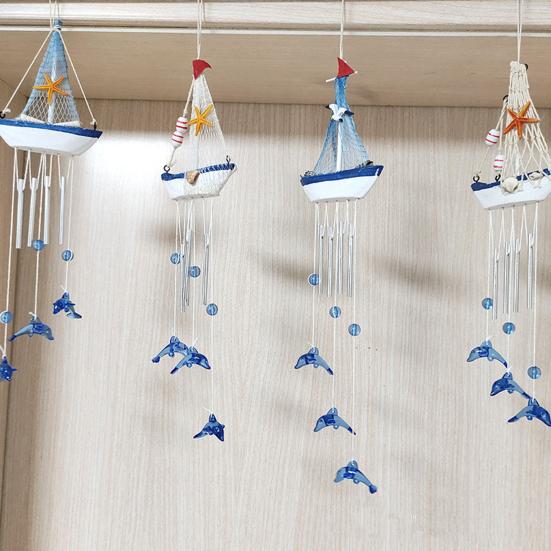 Blaues Segelboot Hängende Windspiel für Draußen Handgefertigtes Nautisches Windspiel für Außen Veranda Terrasse Garten Fenster Dekor