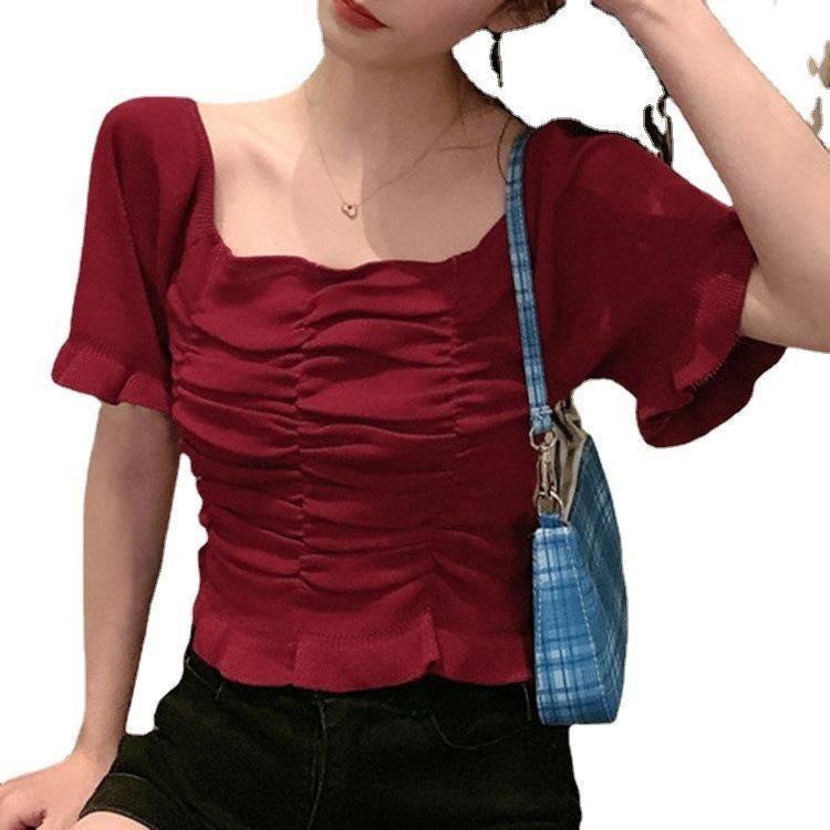 Square Neck Collar Collarbone Pleated Short-sleeved Knit Sweater Women Summer Retro Short Sweet Top T-shirt Casual Essential Slim Fit Pullovers Tees