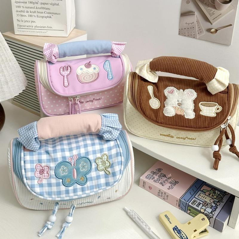Colorblock Cosmetic Bag Large Capacity Cute Aesthetic Stationery Organizer Kawaii Cartoon Girls Teens Travel Makeup Bag