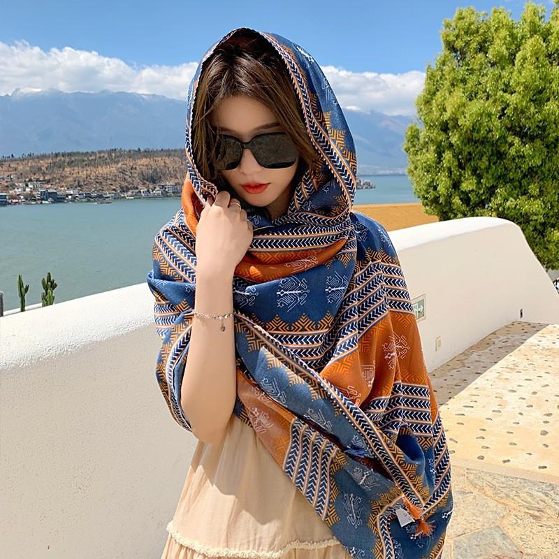 Cotton and linen printed silk scarf seaside sunscreen large shawl silk scarf bohemian beach scarf beach towel women s summer 180*90cm