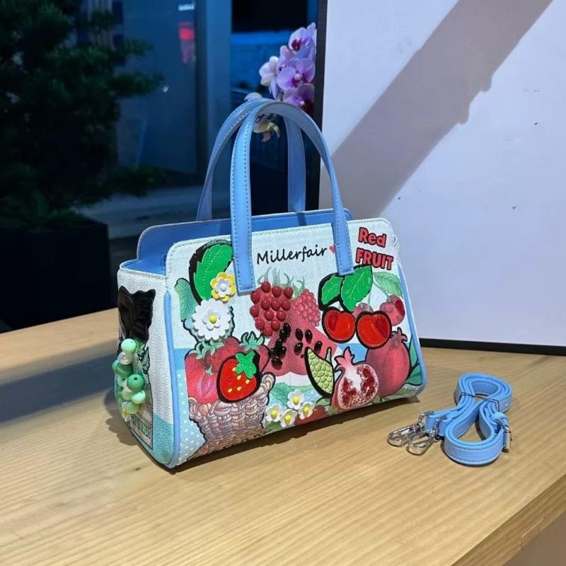 High-end PU Leather Women's Handbag Practical Front Back Two-side Use Ladies Crossbody Bag Fashion Splicing Fresh Sweet Fruit Embroidery Messenger Bag