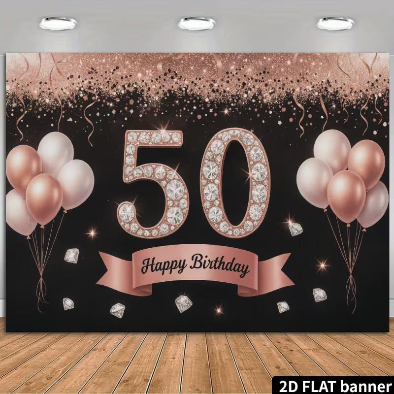 

2D Black Rose Gold 50th Birthday Backdrop - Luxury Diamond Number 50 Banner for Women 50th Birthday Photoshoot 47.2x31.5inch/120*80cm