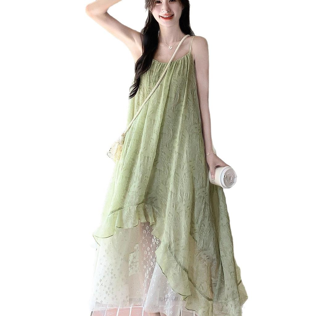 Forest-style Wizard of Oz vacation-style lace patchwork spaghetti strap dress for women, new romantic and unique stunning long dress for women