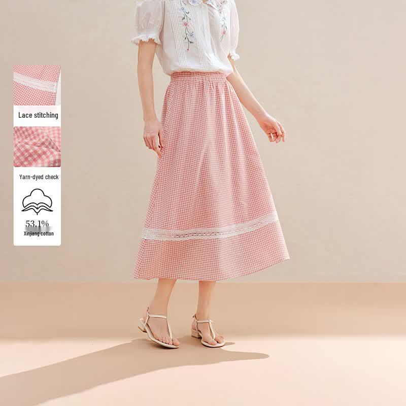 Inman French Style Plaid Elastic Waist Half-Skirt with Lace S