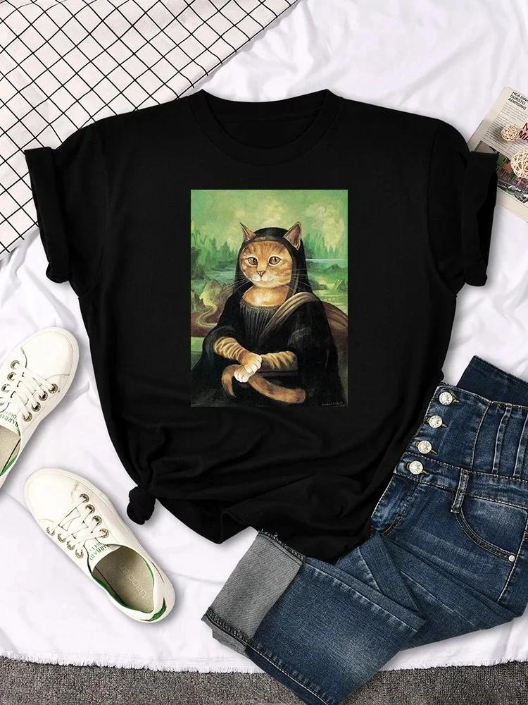 

Mona Lisa TShirt Funny Cat Cute Print Women Round Neck Gothic Women TShirt Casual Women Clothing Y2k Top Graphic Vintage Cozy 4XL