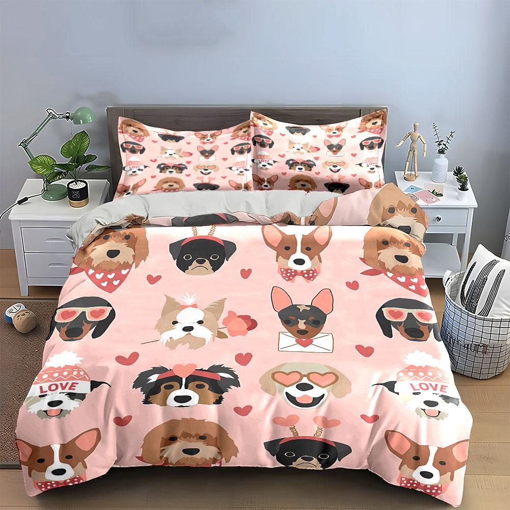 Cute Dogs with Hearts Pattern Bedding Duvet Cover Set Duvet Cover Pillowcases (1*Duvet Cover 2*Pillowcases, Without Duvet Insert)