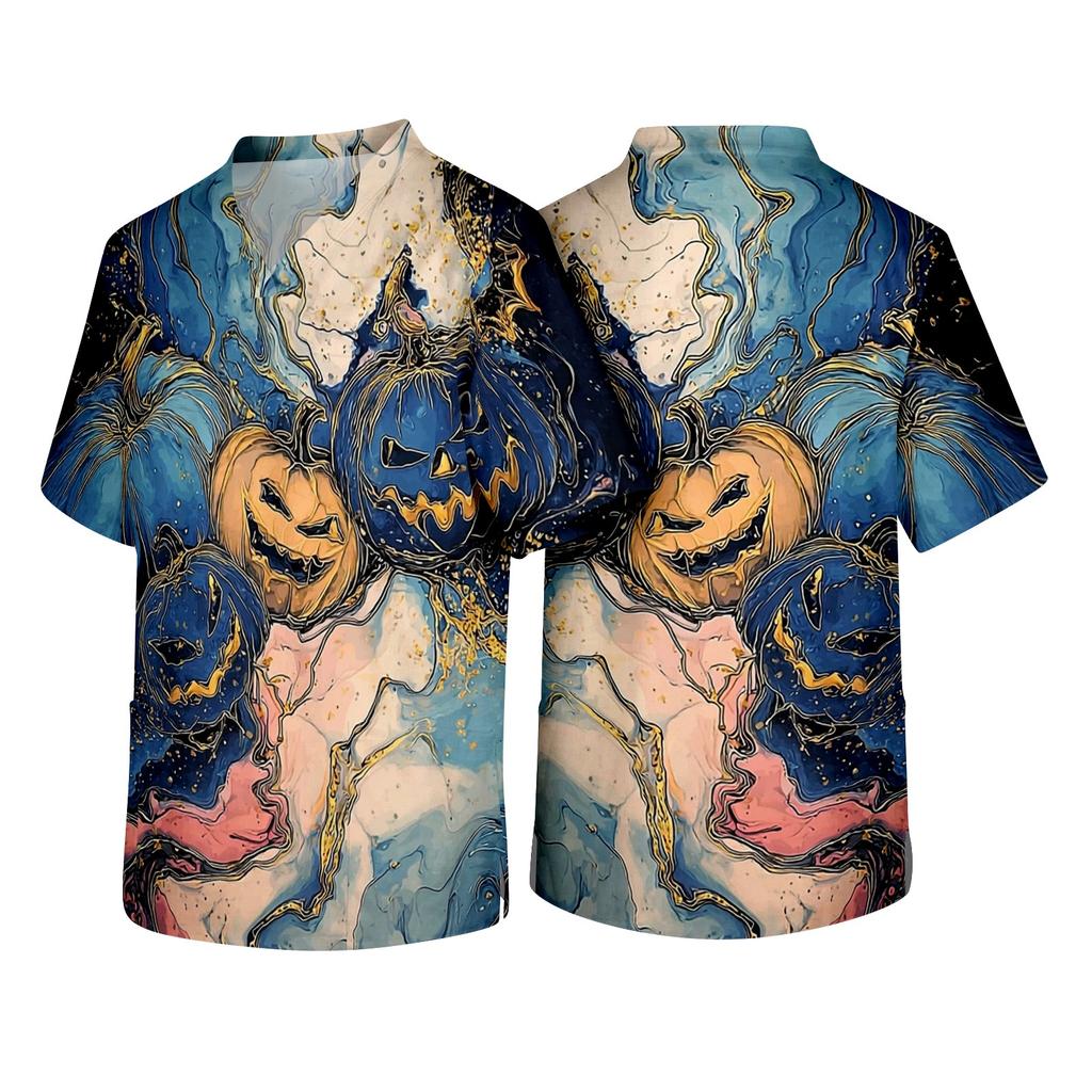 Men V Neck Short Sleeve Halloween Print Chest Pocket Scrub Top Classic Fit Comfortable Workwear Uniform Shirt
