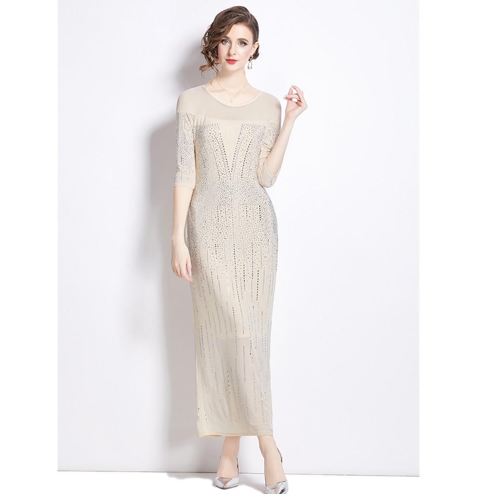 Dámské společenské šaty Runway Luxusní štrasové síťované pouzdro Bodycon šaty Sexy Flitrované jednodílné večerní šaty s výstřihem do O