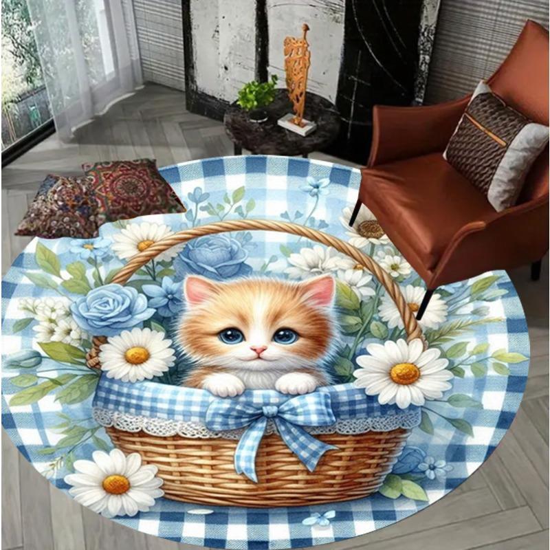 Whimsical Cat Circular Rug Cute Kittens Colorful Floral Design Home Decor Round Carpet Soft Non-Slip Floor Mat for Living Room