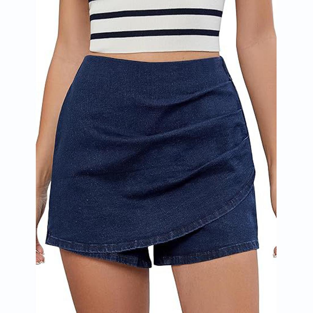High Waist Denim Skort for Women Casual Asymmetric Wrap Front Design Comfortable Stretchy Fabric Shorts Skirt