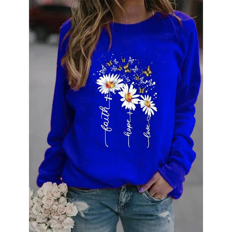 Vinter Dame Daisy Printed Topper T-skjorte Dame Rundhals Langermet Casual Sweatshirt Plus Size Bluse