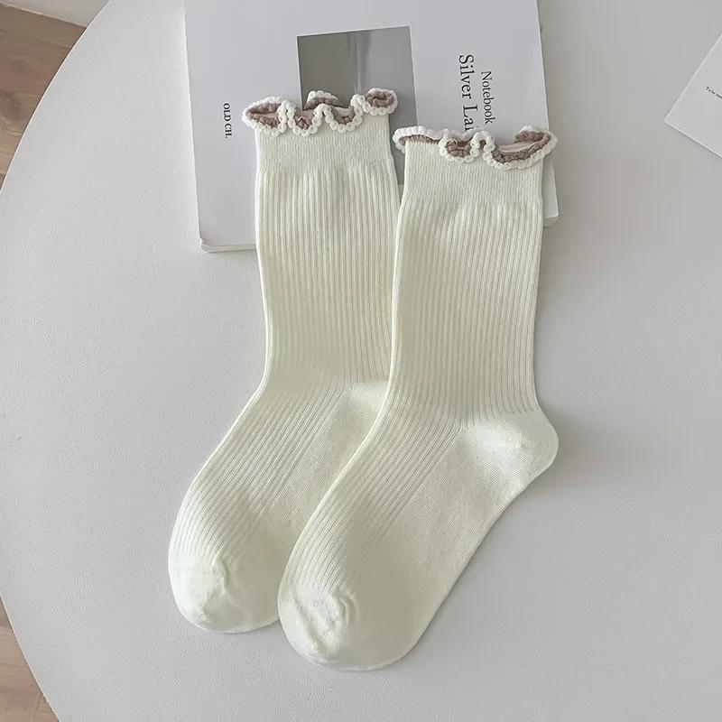 Fashion Girls Lolita Kawaii Cute Middle Tube Socks Sox Sweet Solid Color Black White Gray Long Socks Ruffle Socks Women