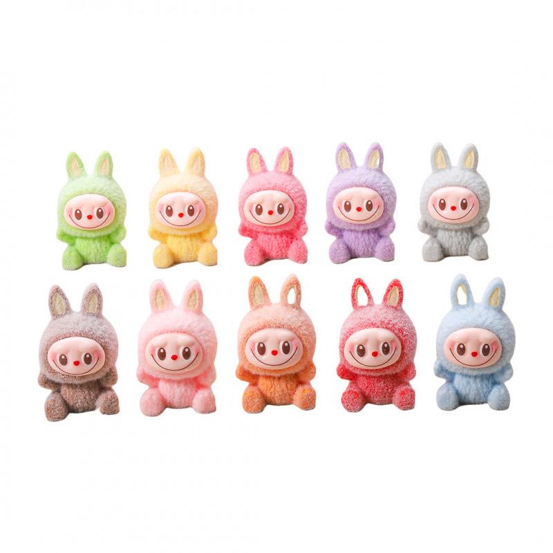 New Style Macaron Flocking LABUBU Plush Toys DIY Cartoon Cute Mini Doll Desktop Ornament Holiday Gifts