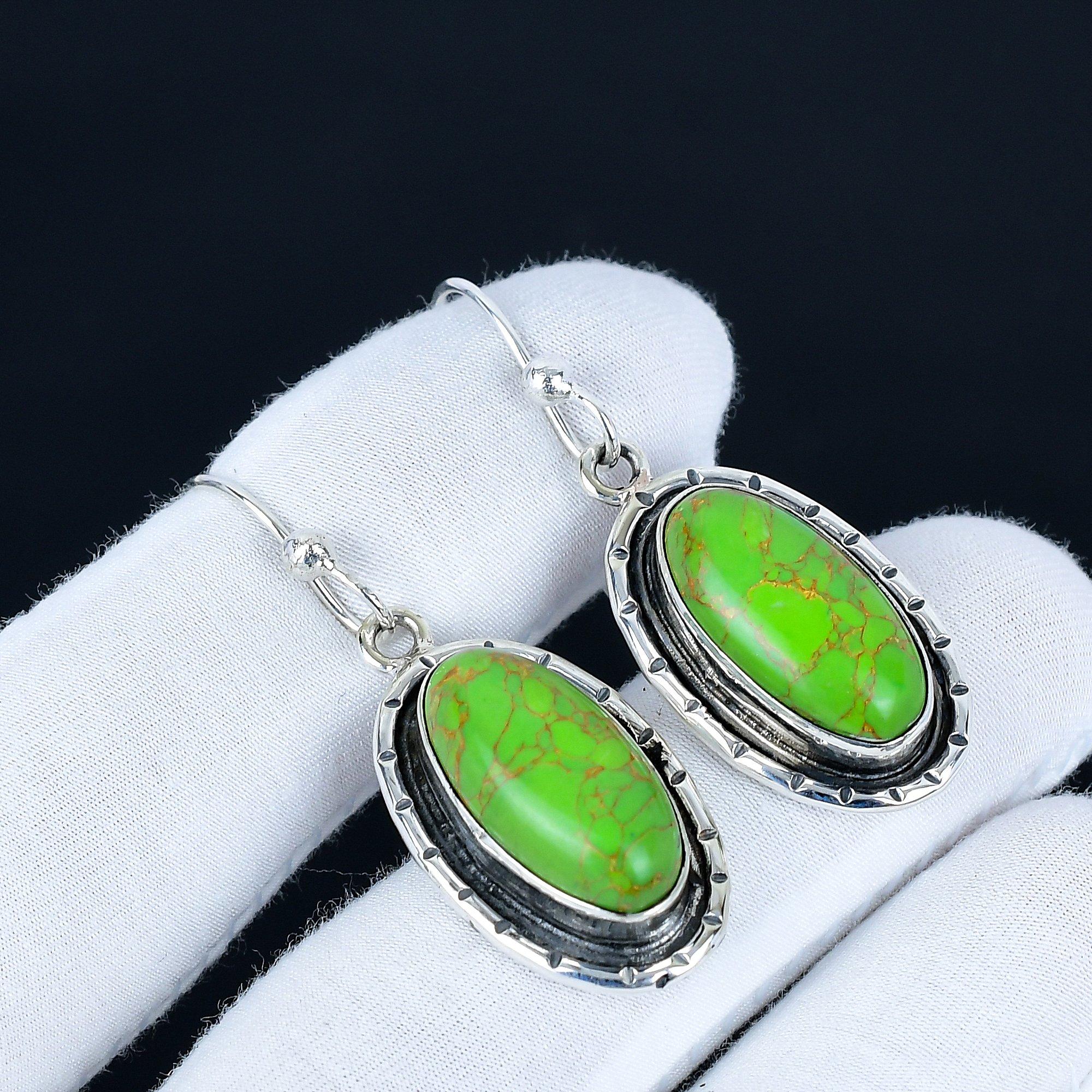 

Green Turquoise Gemstone Earrings, 925 Sterling Silver Earrings, Handmade Silver Earrings For Gift, Green Turquoise Dangle Drop Earrings For Love Gift 5.5 Cm
