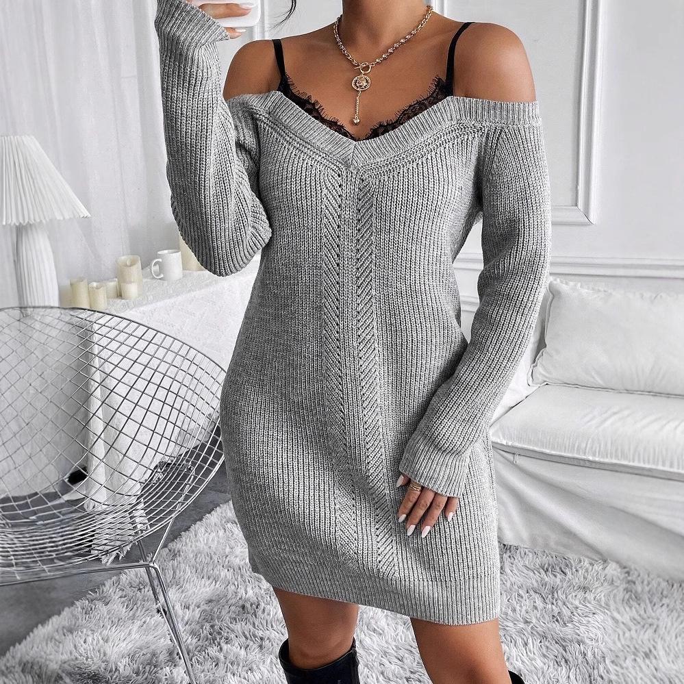 

2024 Осень Европейский и Американский Женский Свитер из Двух Частей с Кружевной Отделкой L серый