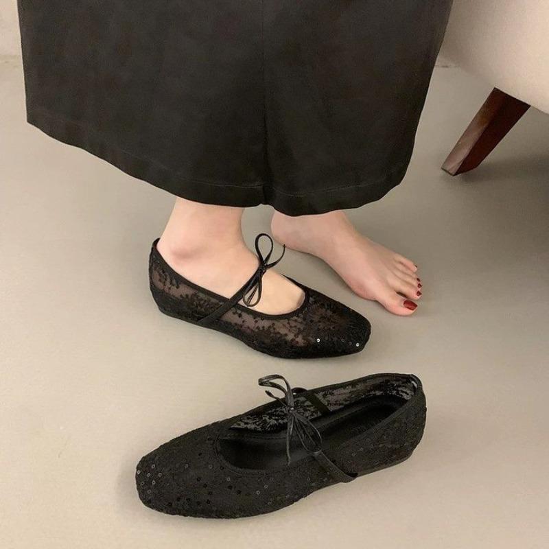 Fashion New Design Flat Shoes for Women Square Head Shallow Mouth Mesh Fabric Embroidery Butterfly Knot Soft Sole Single Shoes Mujer