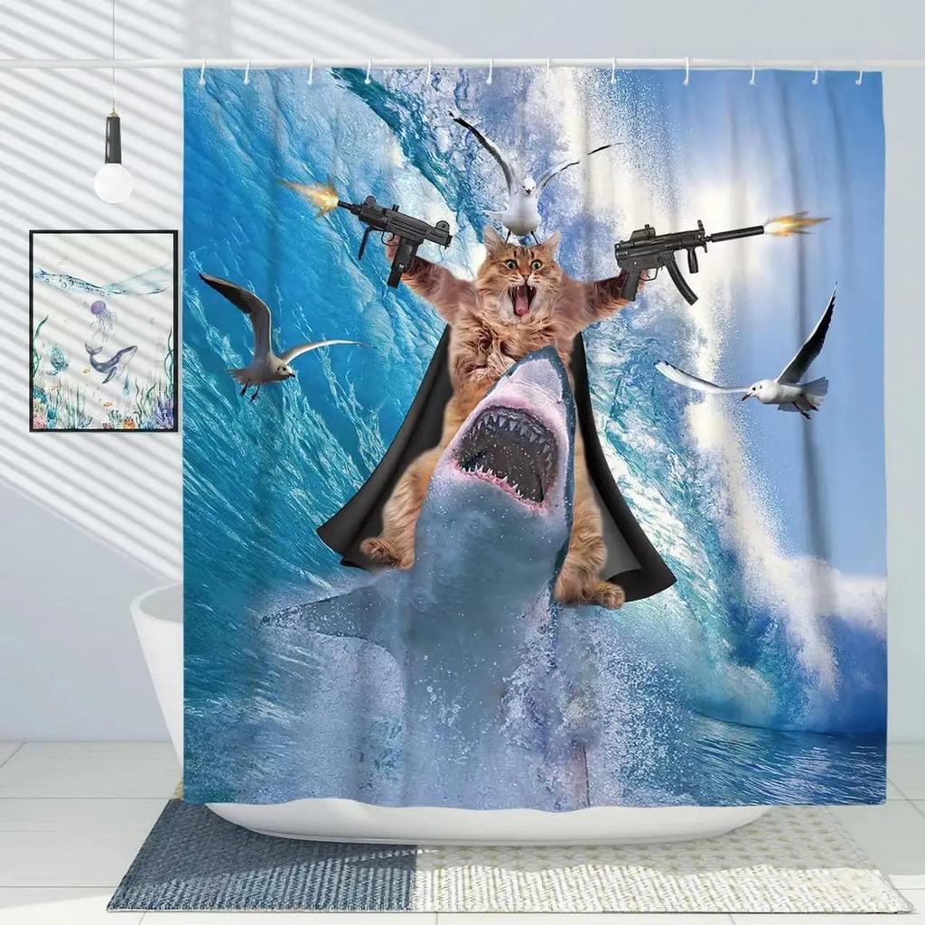 Funny Cat Shower Curtain Fun Animal In Bathtub with Fish Cloth Fabric Shower Curtain Hilarious Pet Bathroom Decor Set with Hooks