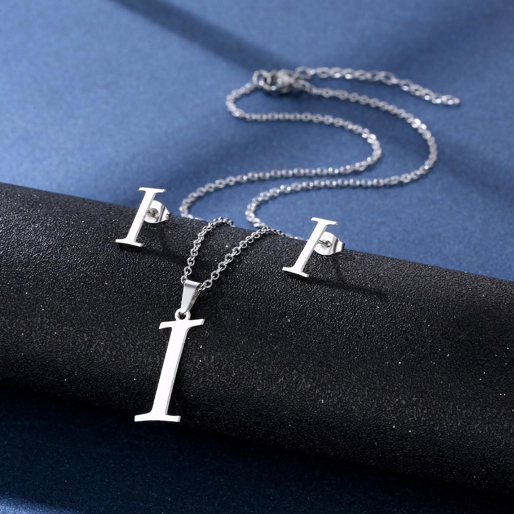 Stainless Steel Letter Pendant Necklace Unisex Jewelry Set Letter Earrings Party Accessory Present for Fashion Lover