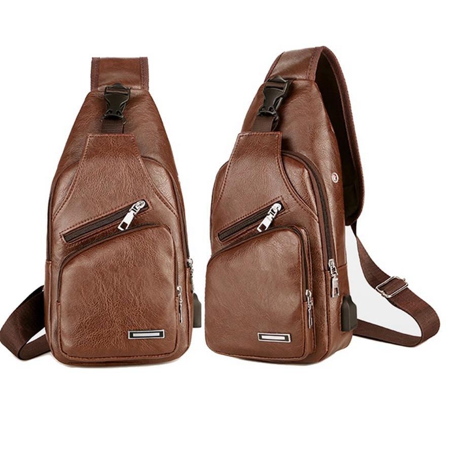 Men Fashion Casual PU Shoulder Chest Bag USB Charging Messenger Travel Packs