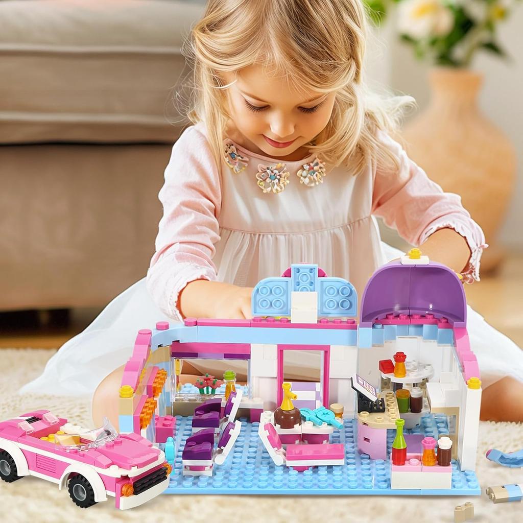 BRICK STORY Girls Friends Hair Salon Building Kit with 2 Mini People 5 Dolls Hair Creative Girls Friends Sets 358 Pieces with a Pink Convertible Car