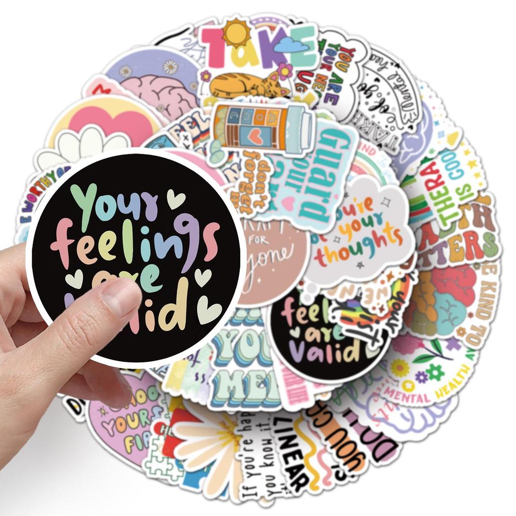 50 Mental Health Doodle Stickers - Inspirational English Slogans for Personalizing Laptops, Phones, and Cases