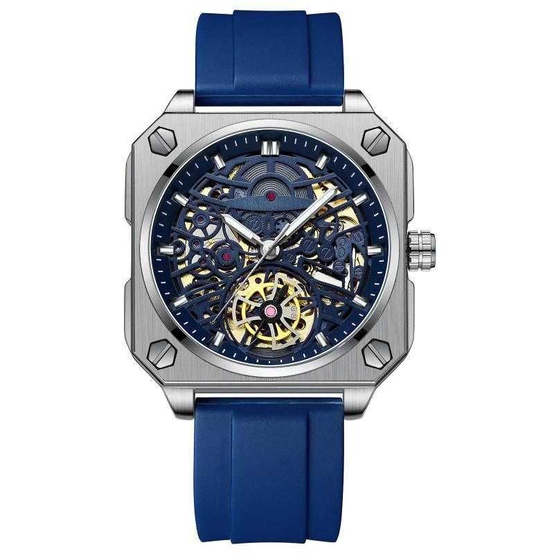 BINBOND Transparent Waterproof Luminous Watches Trendy Hollowed Out Square Men Watch Skeleton Tourbillon Fully Automatic Mechanical Wristwatch