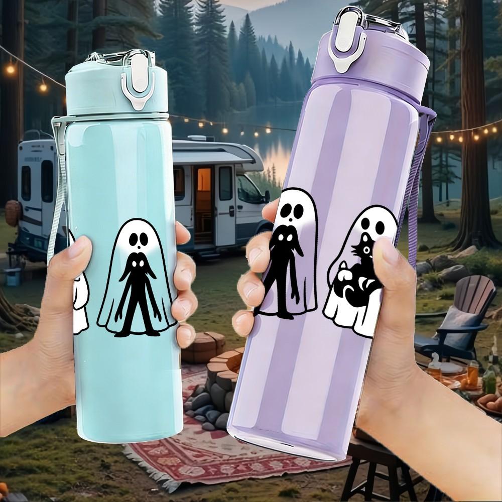 1PC Three White Ghost Line Art 750ml Color Plastic Sports Water Bottle Leakproof Flip Straw Lid Suitable for Sports Office Home Use