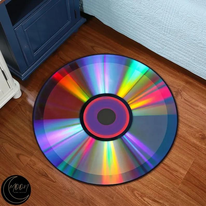 Colorful Record Circular Carpet Retro Music Carpet Shiny CD Film Floor Mat 90s Nostalgic Style Fashionable Interior Design Rug