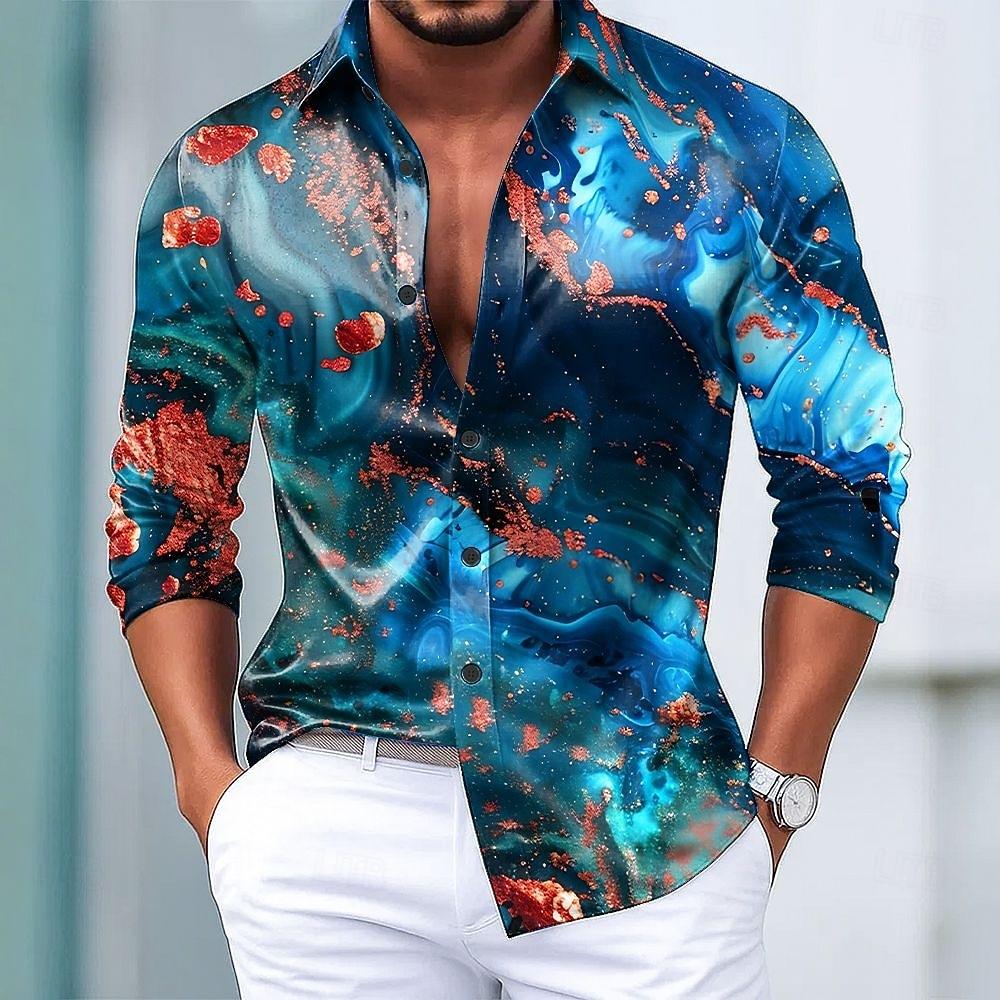 Men's Marble Abstract Art Color-blocking Shirt Long Sleeve Fashion Casual Vacation Dailywear Turndown 3D Print Button Up Shirts