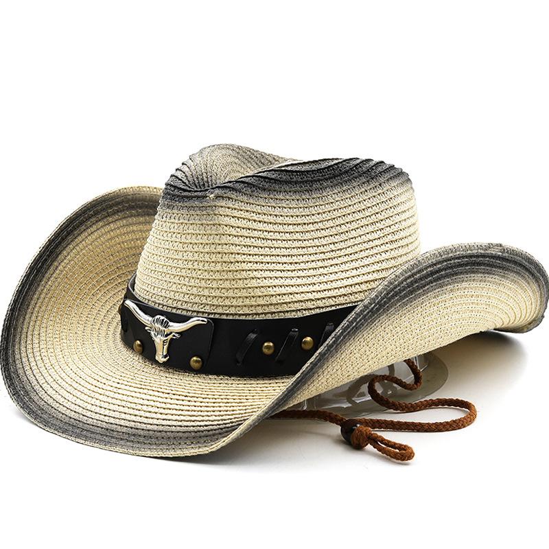 New Bull Head Accessories Western Cowboy Straw Hat Outdoor Sports Mountaineering Tipped Top Hat Foldable Sun Hat