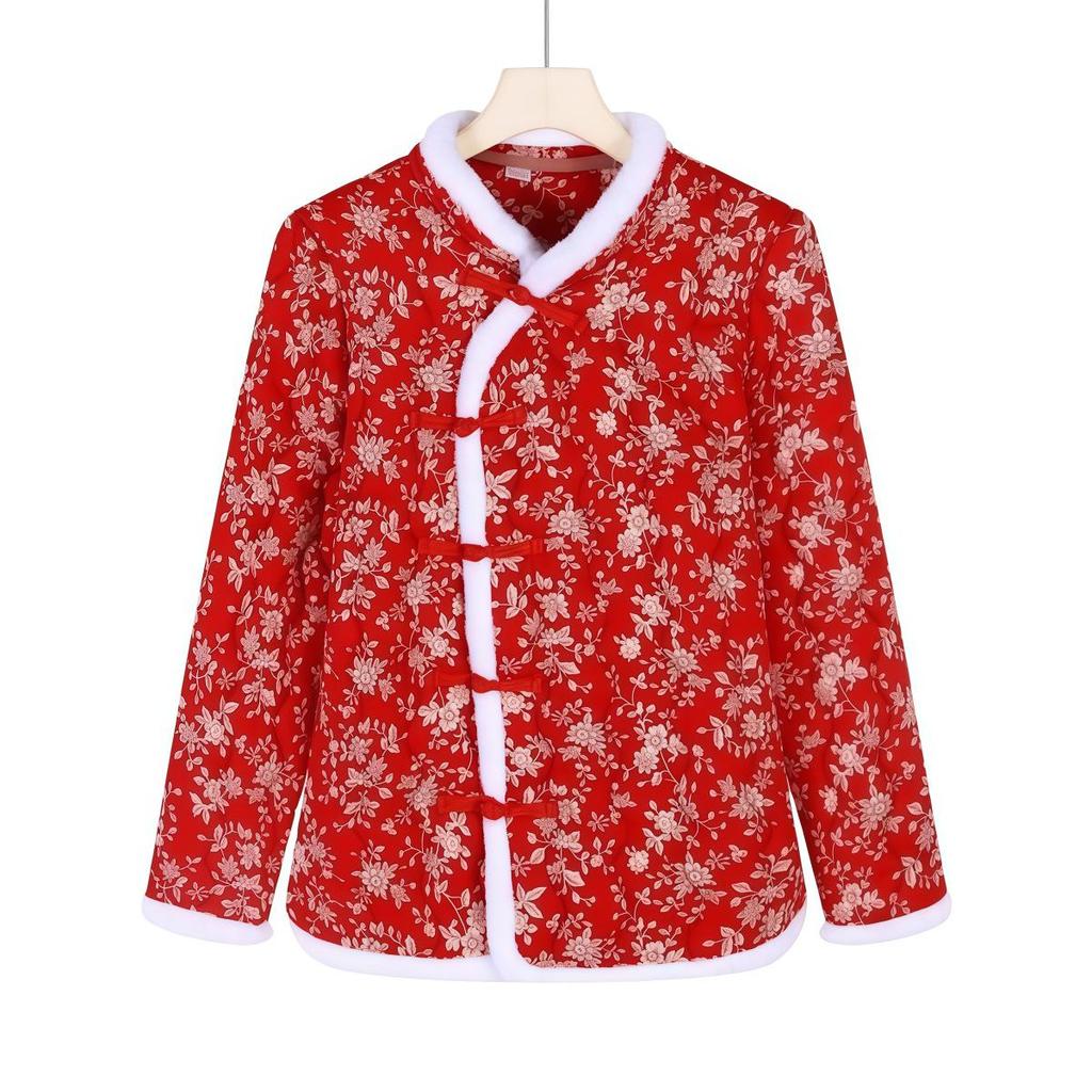 Retro Floral Chinese Style Cotton Padded Jacket for Middle-Aged Women
