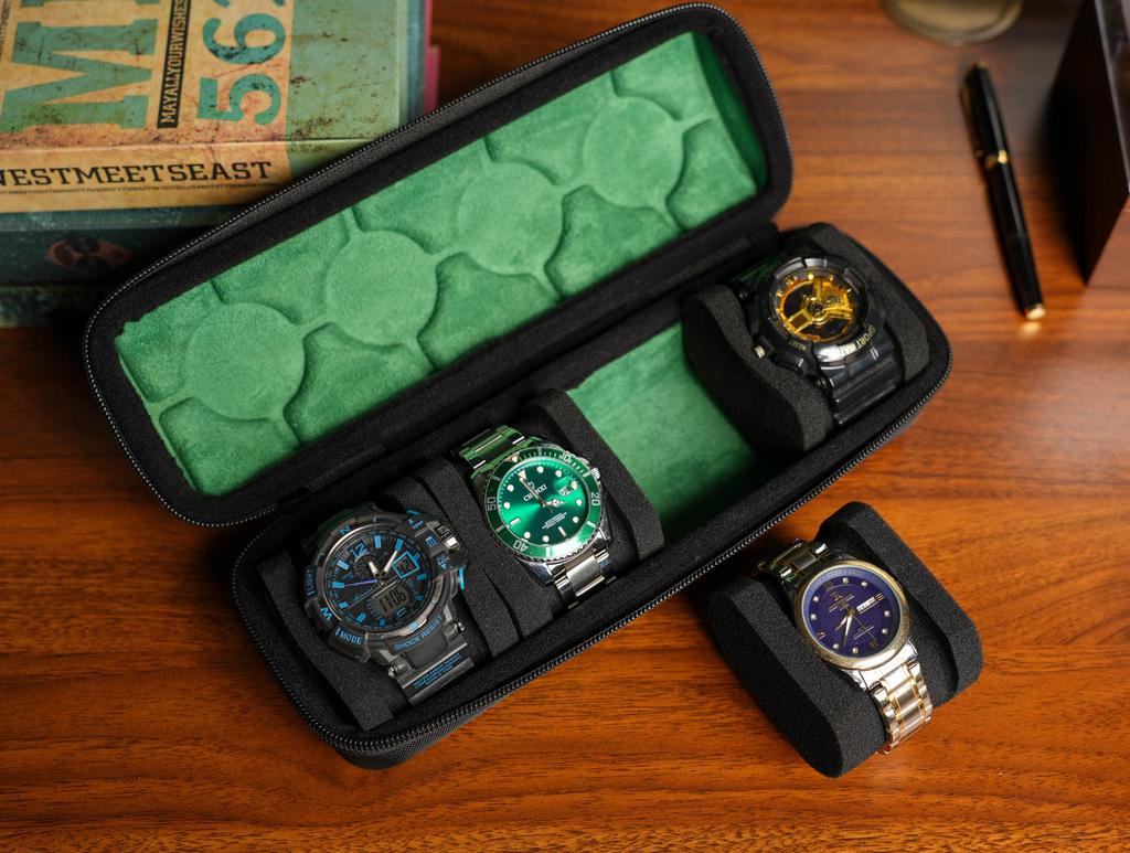 RIGICASE Hard Watch Travel Case Portable Display Storage Organizer Box with Soft Foam Pillow 4-Slot Men's Roll,