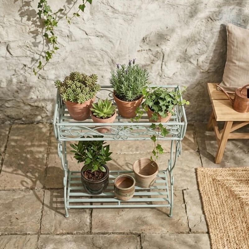 American Country Vintage Distressed Iron Rustic Two-Tier Plant Stand, Flower Pot Holder Shelf for Patio Balcony Garden Outdoor