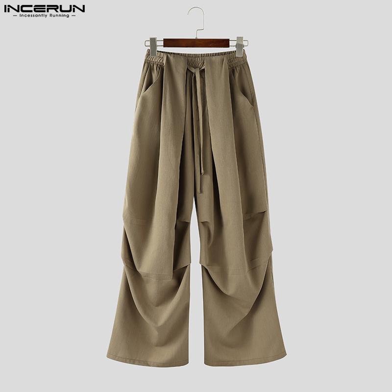 INCERUN Herren Elastischer Bund hinten Rüschen Lässige Lange Weitbein Hose mit Taschen