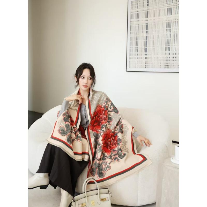 Elegant White Rose Print Thick Faux Cashmere Versatile Scarf For Women