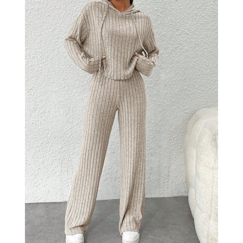 Autumn and Winter Casual Knitted Long Sleeved Set, Women's Hooded Sweatshirt, Loose Pants Two-piece Set