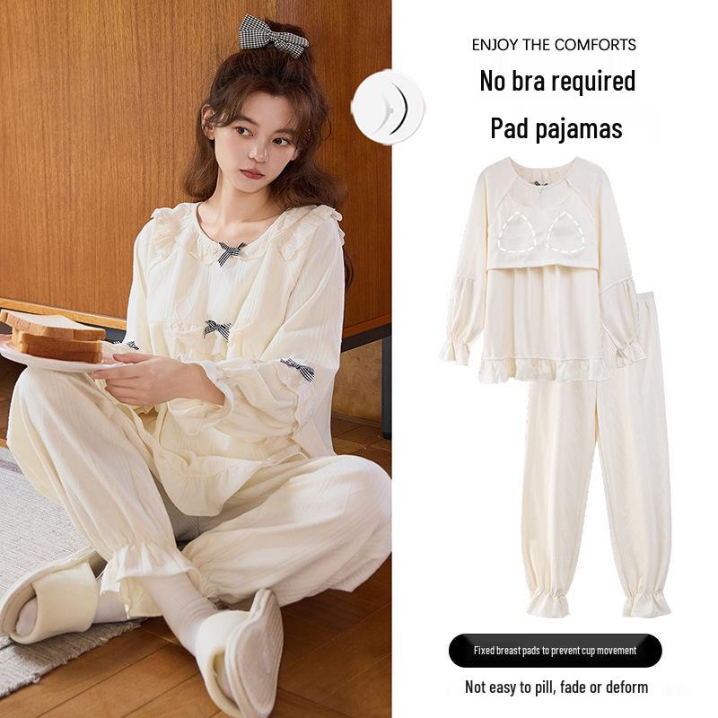 Women's Cotton Pajama Set with Chest Pads - Long Sleeve Cute Princess Style for Spring, Autumn, Winter