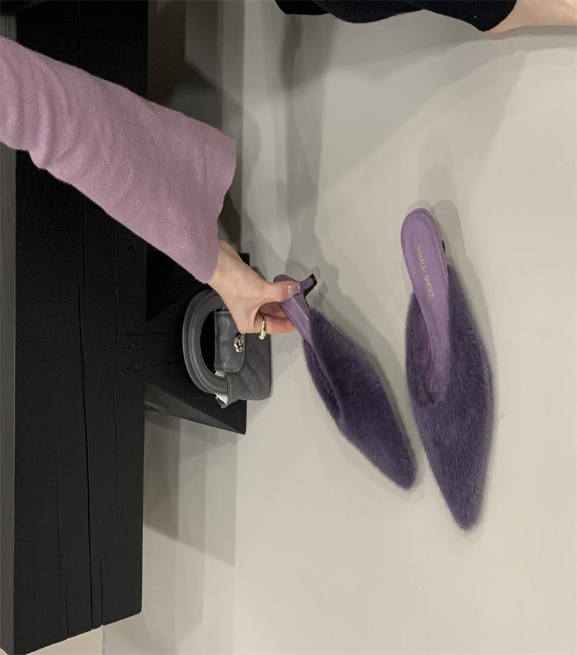 Осень-зима 2025 новый нишевый дизайн чувство ягненок шерсть каблук плюшевая сумка голова полушлепанцы пушистые тапочки женская одежда 35