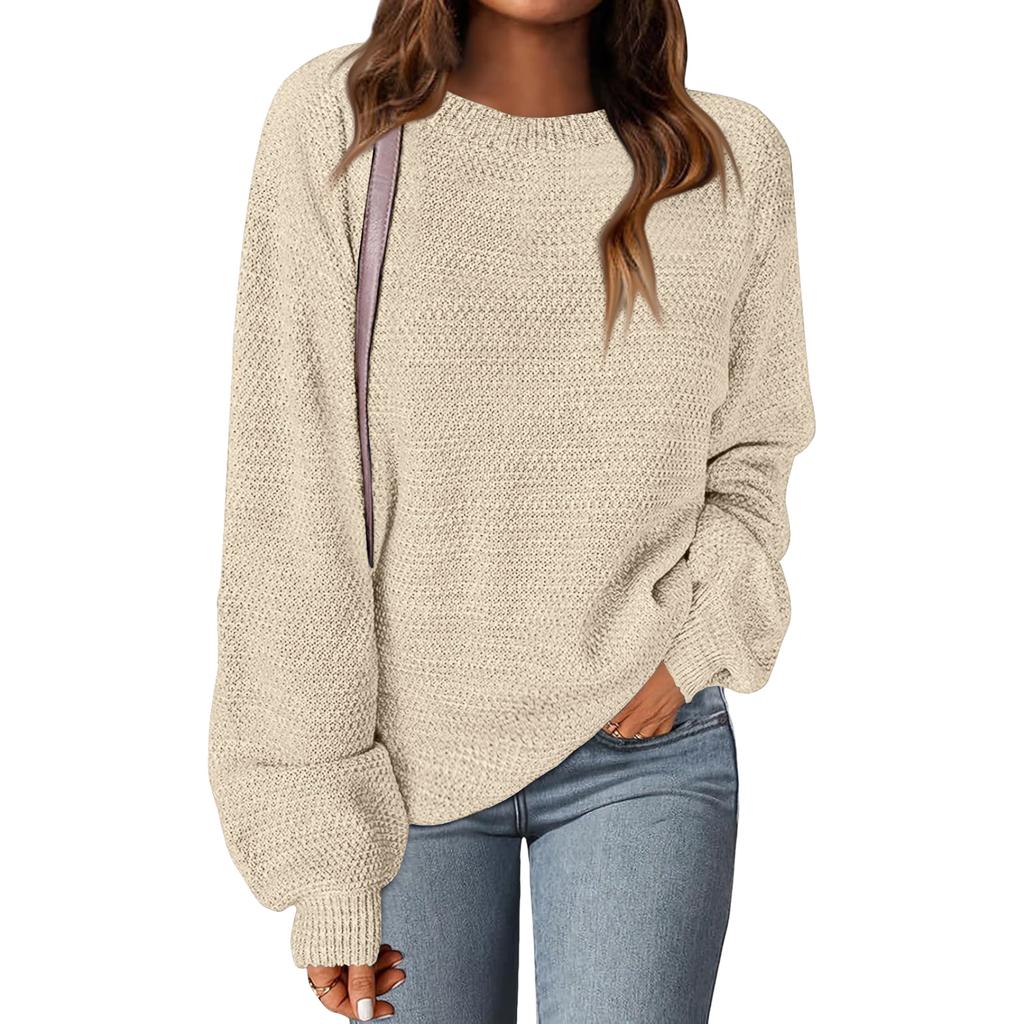 Women's Fashion Round Neck Pullover Sweater Casual Versatile Solid Color Knit Top