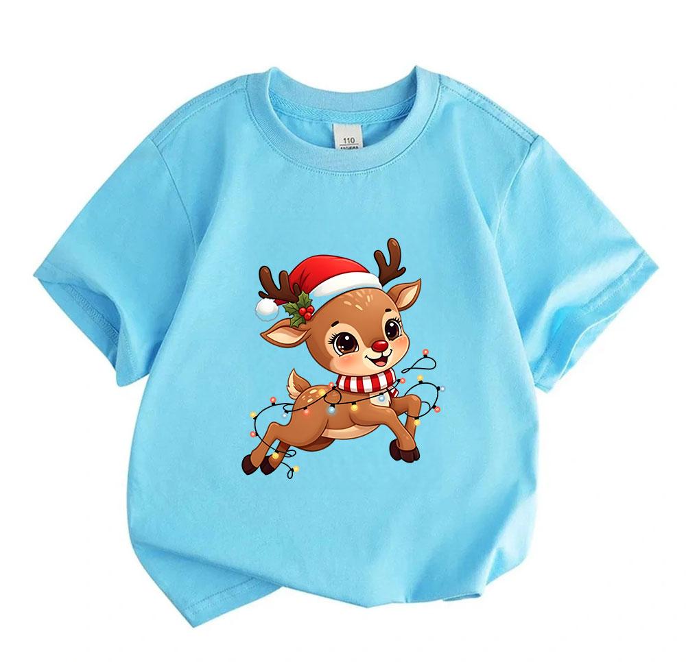 Kids Boys Girls 100% Cotton Crew Neck Short Sleeve T-Shirt, Cute Christmas Reindeer with Santa Hat Fairy Lights Pattern Casual Holiday Tee Tops for Ch