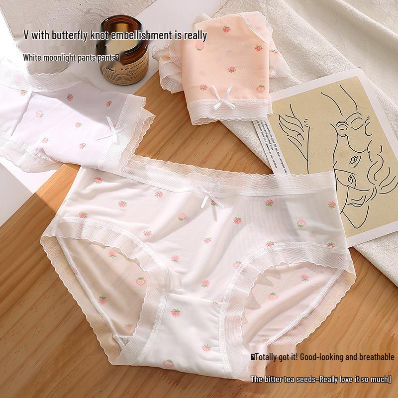 Sweet Strawberry Print Lace Trim Seamless Teen Girl Panties - Comfortable, Breathable, Mid-Waist Briefs