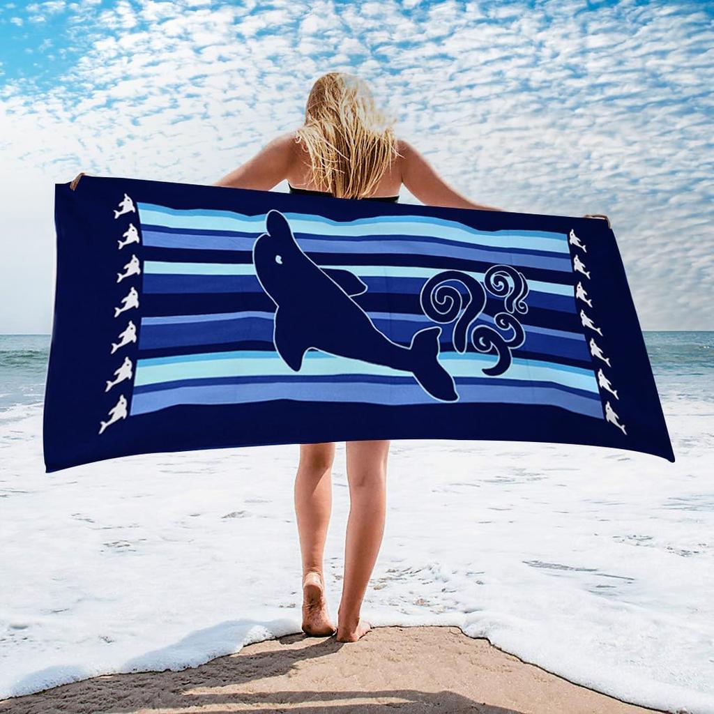 Ozean Delfin Druck Strandtuch Blaue Streifen Maritime Themen Schnelltrocknend Sandfrei Leichtes Handtuch für Strand Pool Reisen