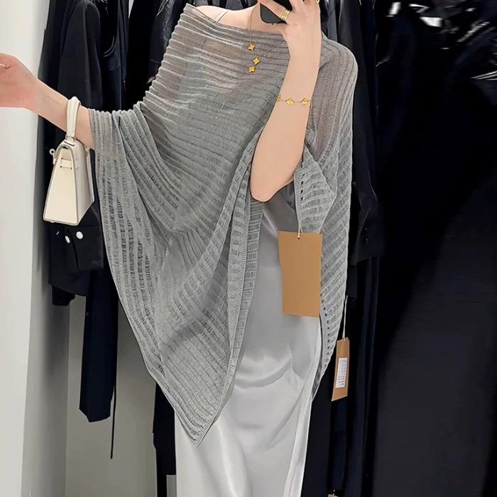 Літня нова однотонна блуза з захистом від сонця на шию, жіночна, універсальна, ажурний в'язаний светр, рукав-летюча миша, шаль-накидка, топ