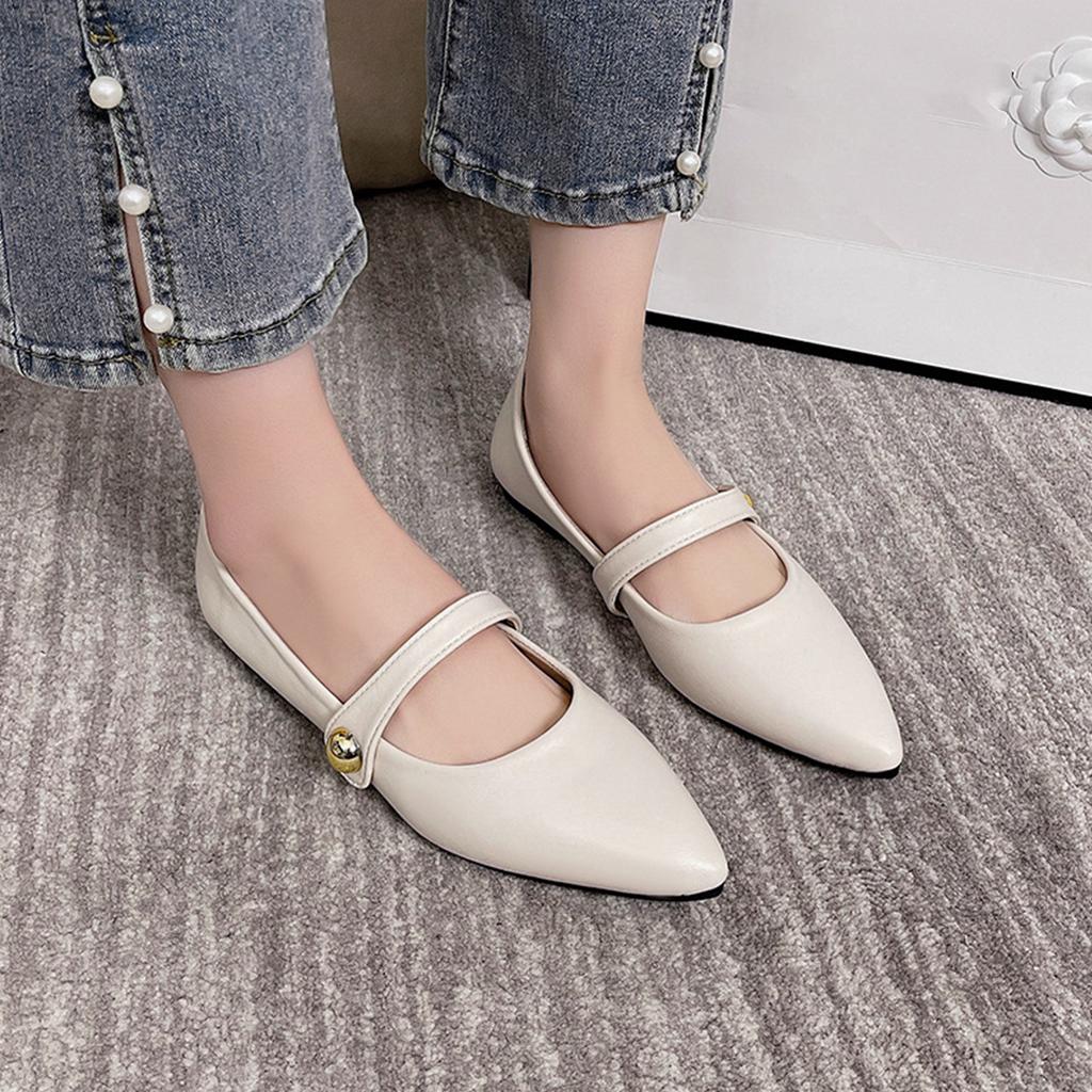 Pointed Toe Flat Shoes with Mary Jane Strap and Metallic Button Detail Slip On Design Comfortable Low Heel Casual Footwear for Women