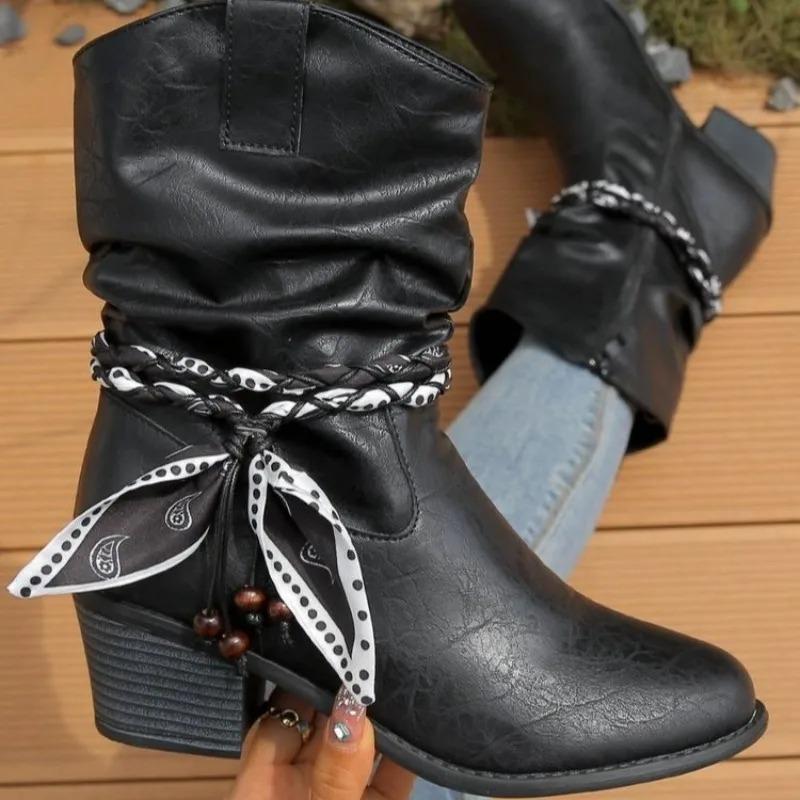 Women'S Western Boots Autumn And Winter Side Zipper High Heels Short Boots Retro Pointed Toe Chunky Heels Ankel Boots For Women