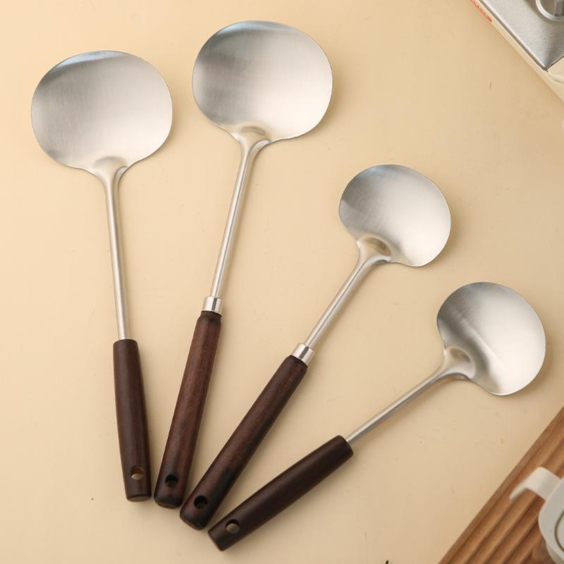 Stainless Steel Cooking Utensil Ergonomic Non-slip Wooden Handle Food Safe Cookware for Home Kitchen Student Dorm Use