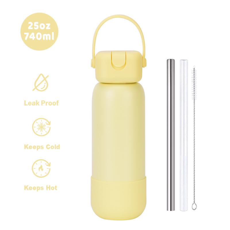 2026 Stainless Steel 25OZ Sports Water Bottle with Straw Lid - Portable Outdoor Thermos Cup 740ml светло-желтого