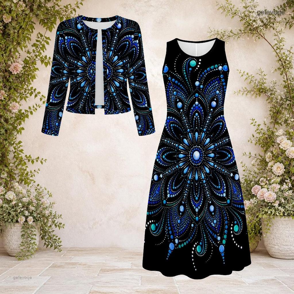Women Plus Size Abstract Printed Two Piece Set Round Neck Long Sleeve Cropped Cardigan Sleeveless Midi Dress