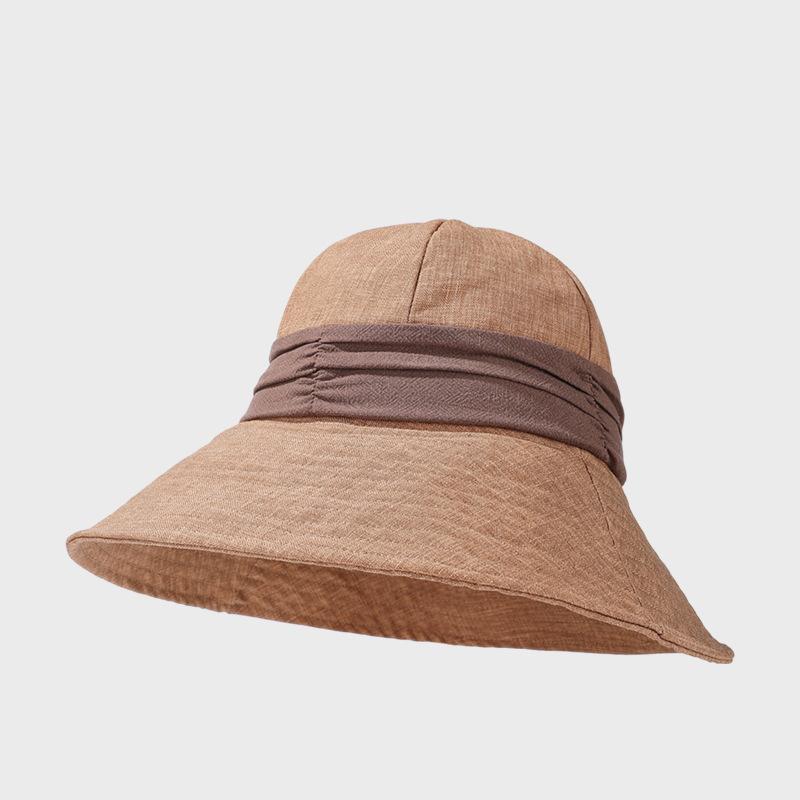 Cotton Linen Lightweight Breathable Fisherman Hat Women's Summer Color-Matching Pleated Sunshade Hat