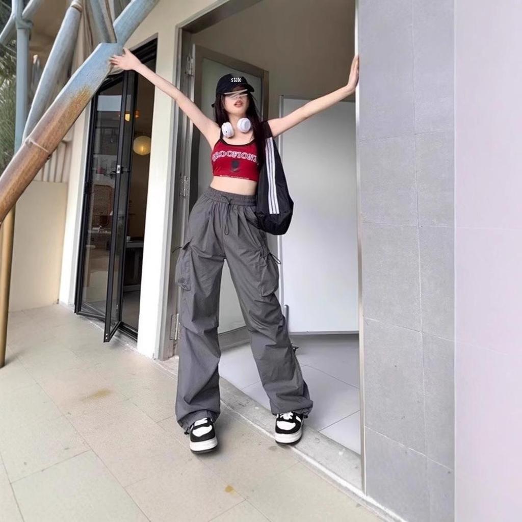 Schwarze Fallschirmhose mit hohem Bund – Lässig, weit geschnitten, Petite Jazz-Tanzbekleidung für Frühling und Herbst